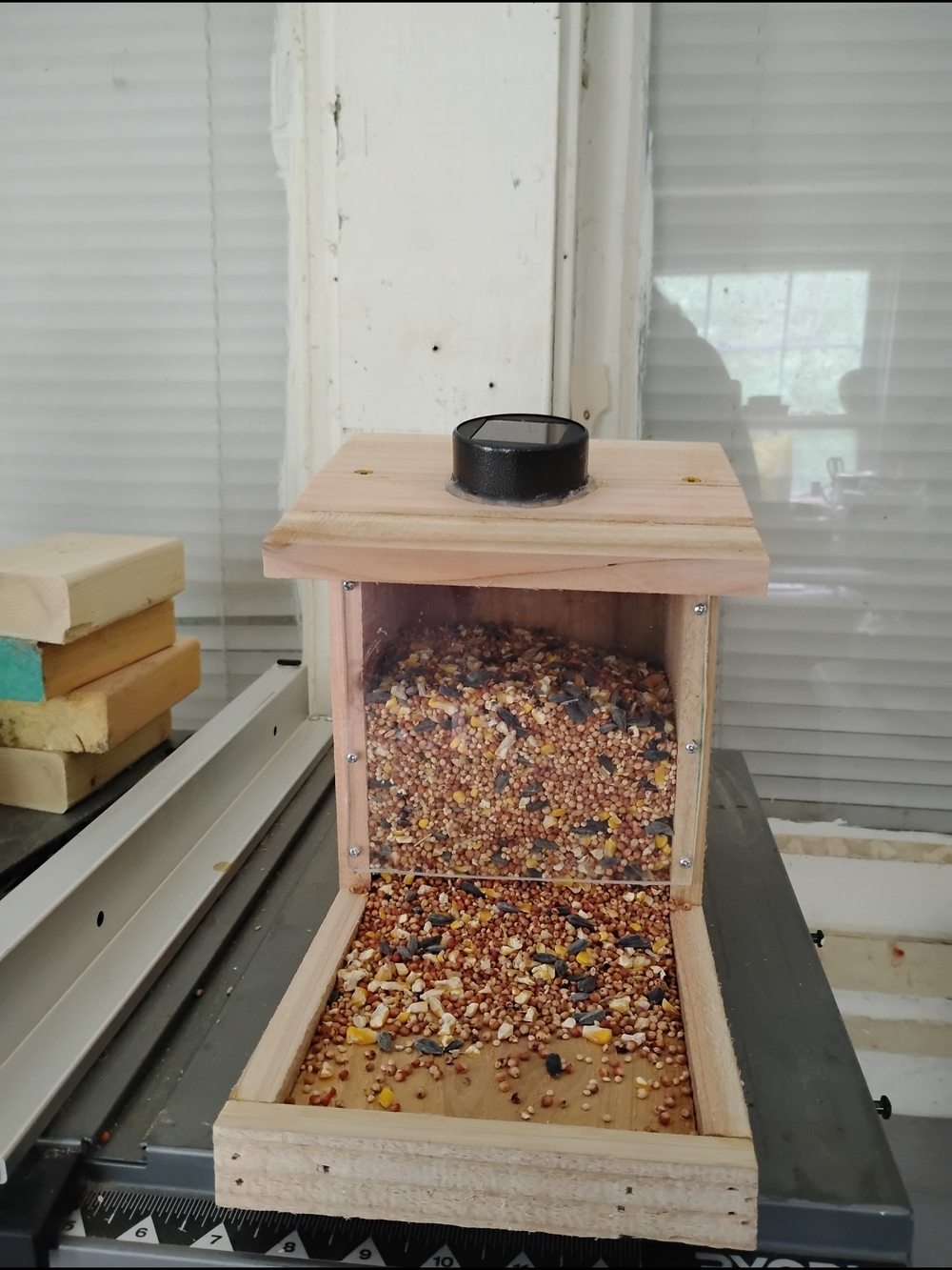 Natural Wood Bird Feeder with Black Solar Accent - Clear Front